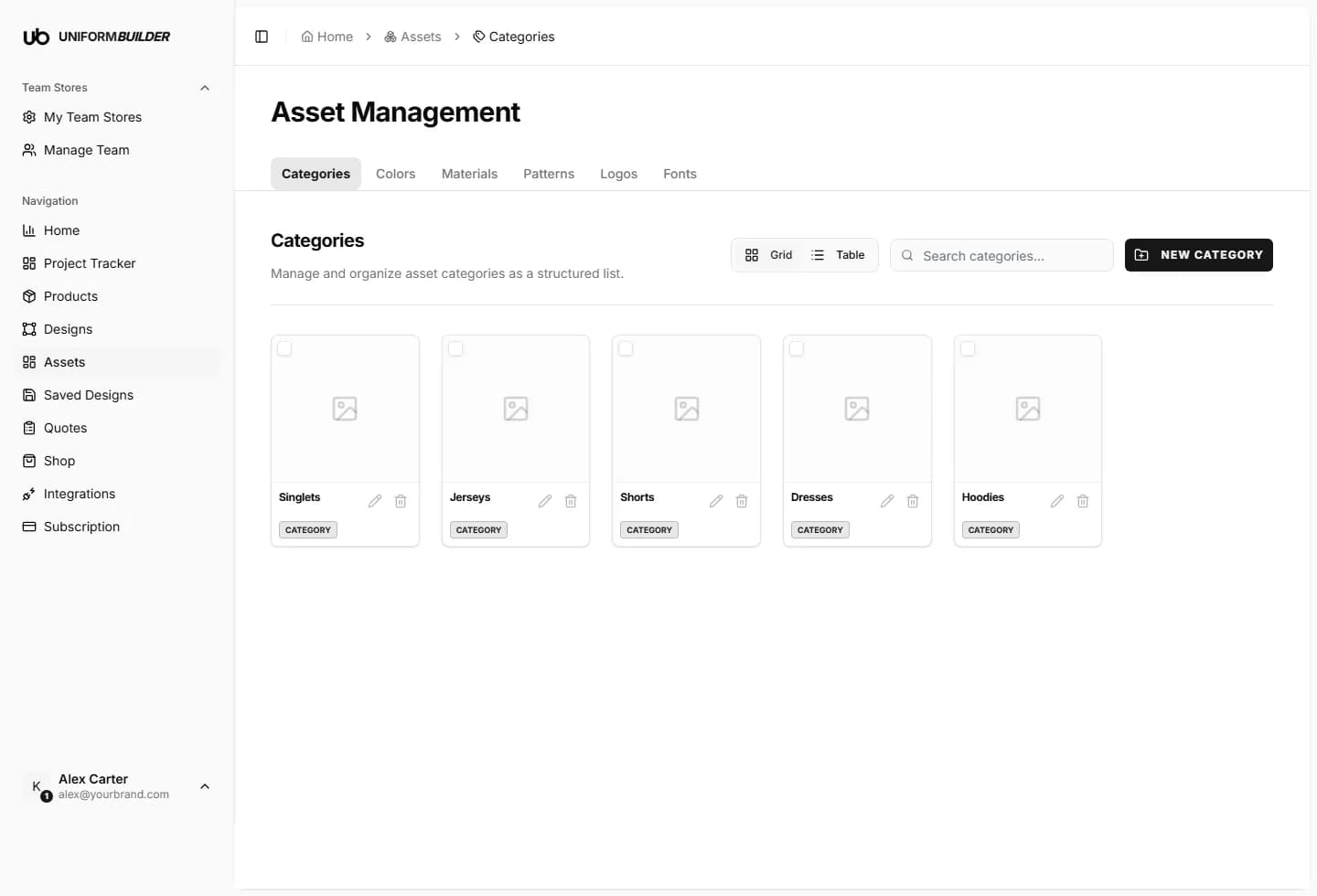 The asset manager showing the Categories, Colors, Materials, Patterns, Logos and Fonts tabs
