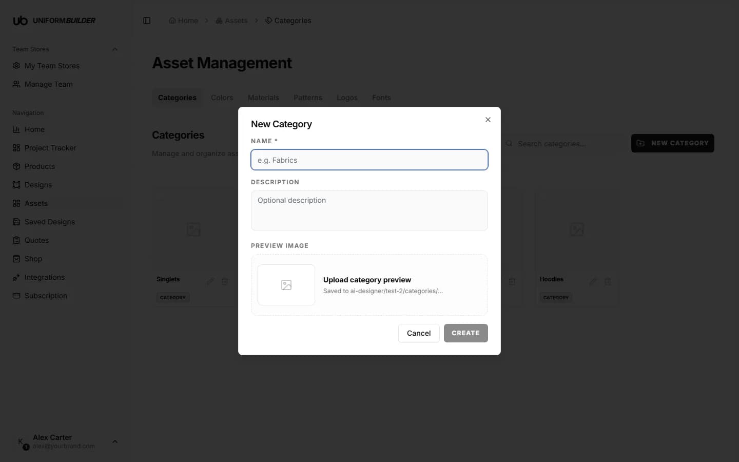 The new category dialog with the name field