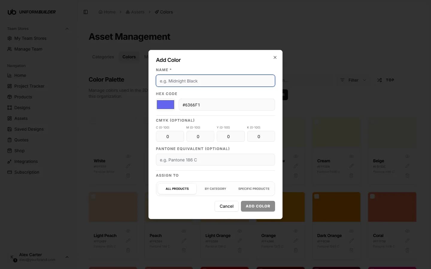 The Add Color dialog showing name, hex code, CMYK, Pantone and Assign to