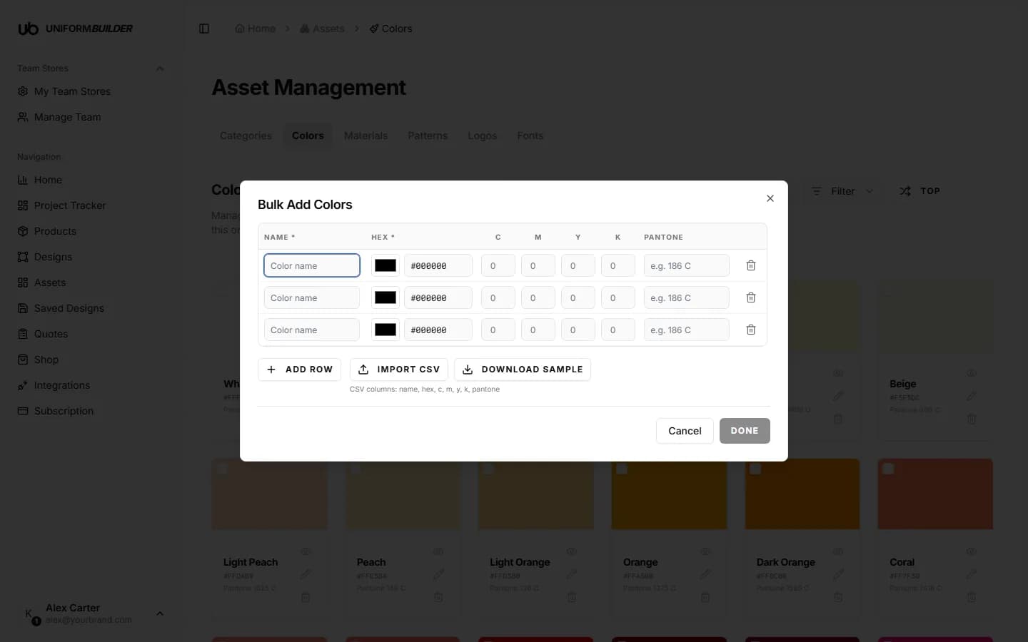 The Bulk Add Colors dialog with a grid of name, hex, CMYK and Pantone columns
