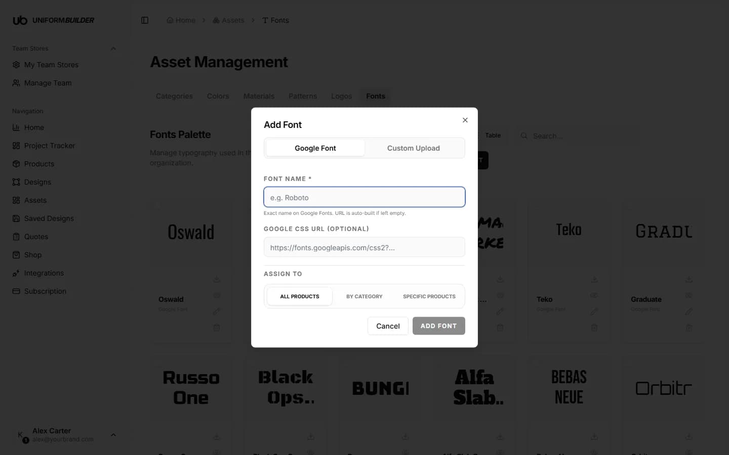 The Add Font dialog with the Google Font tab selected