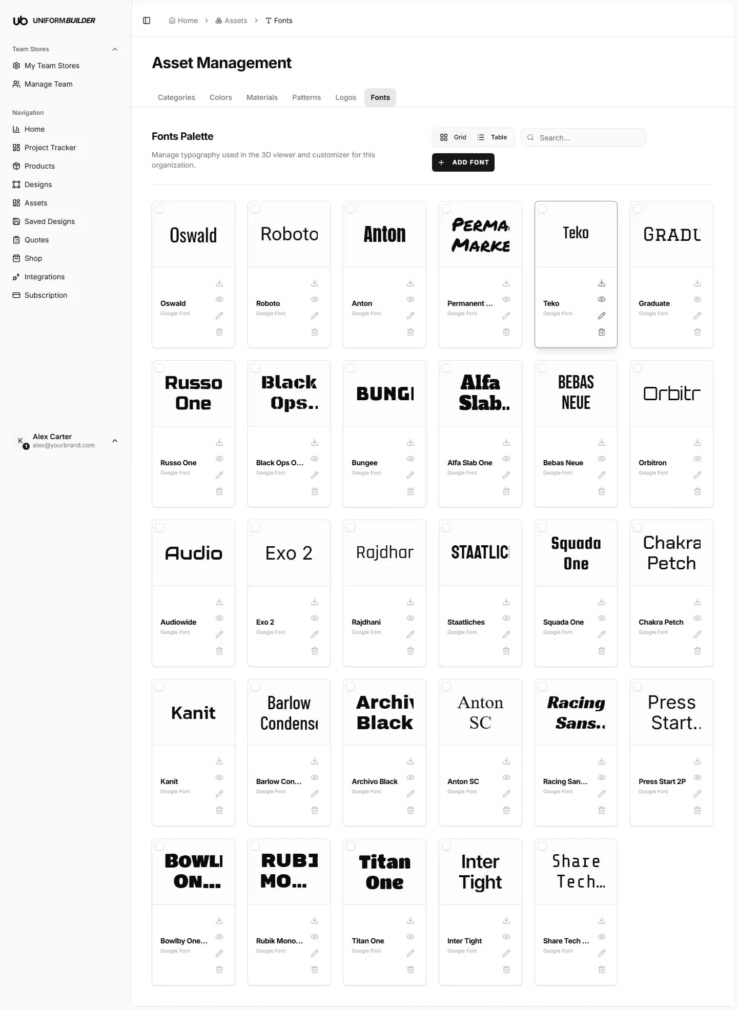The Fonts Palette showing font cards previewed in their real typeface