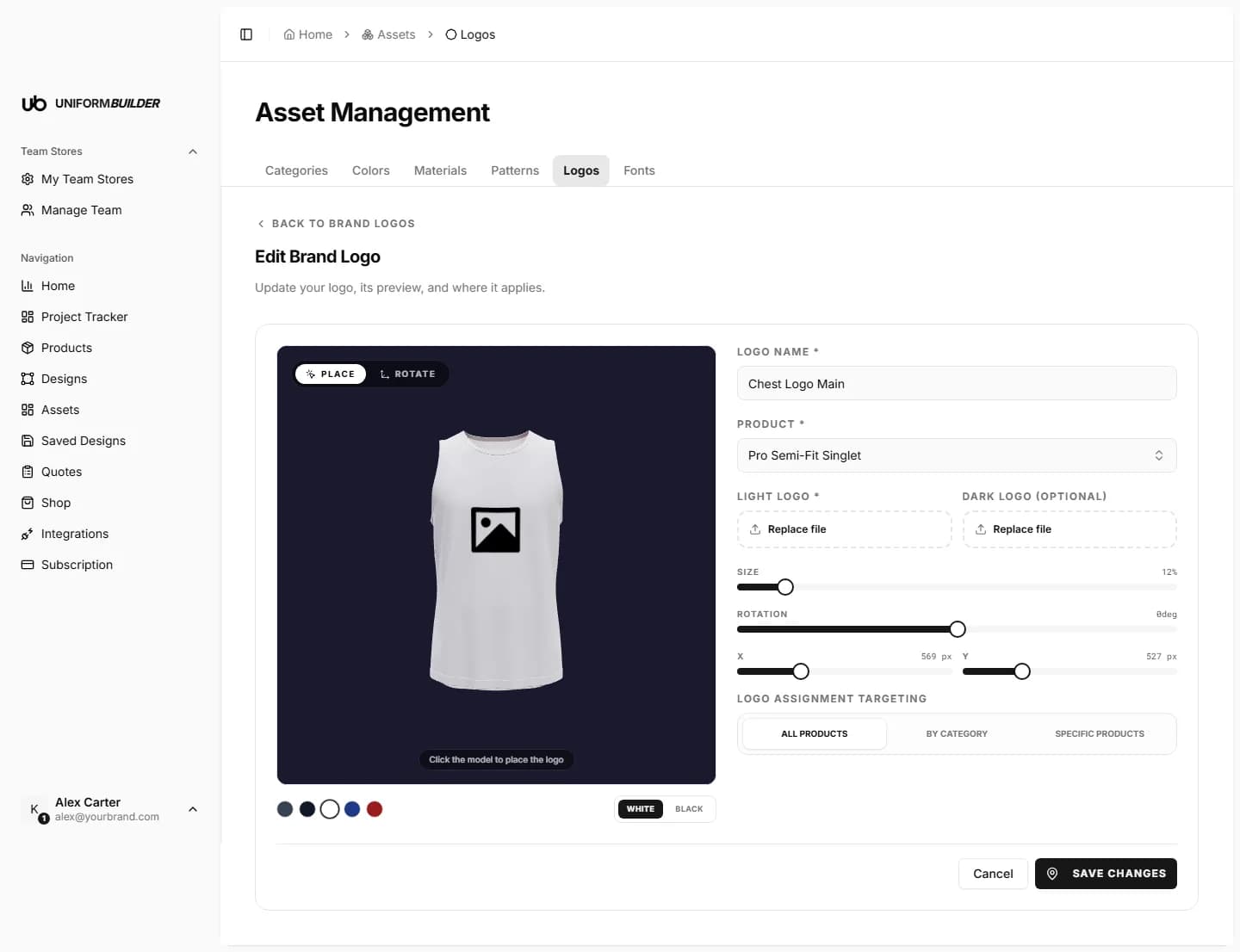 The placement editor with a crest positioned on the chest of a 3D singlet