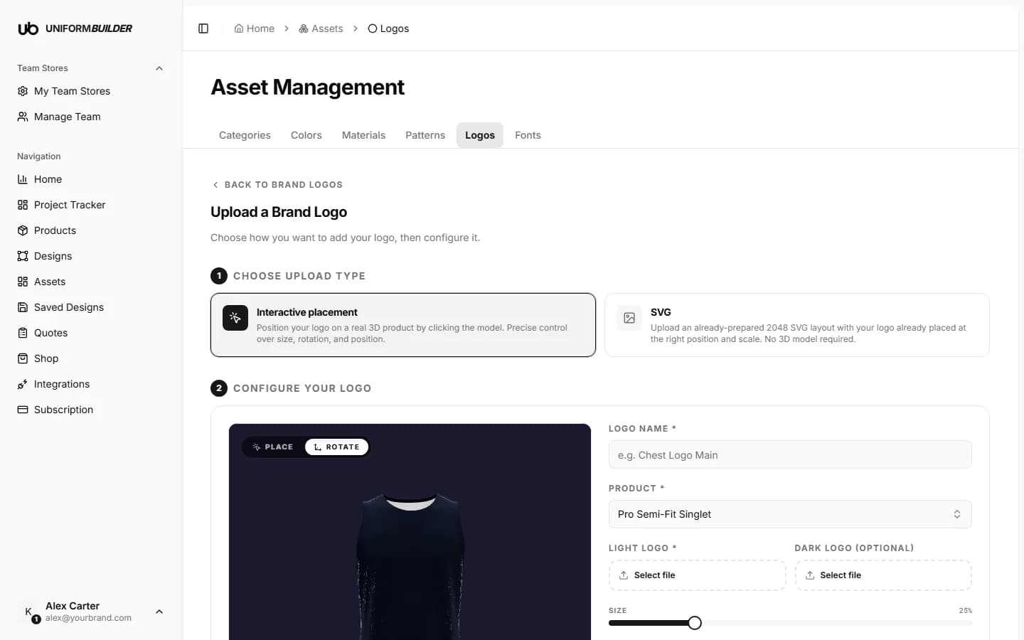 Step one of the logo upload, offering interactive placement or a prepared SVG layout