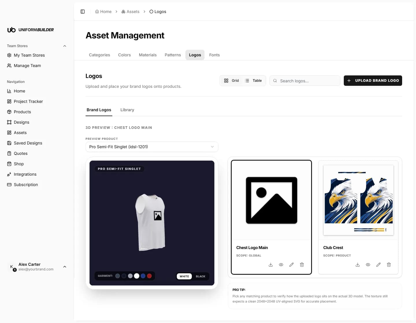 The Logos tab, previewing a placed logo on the 3D product