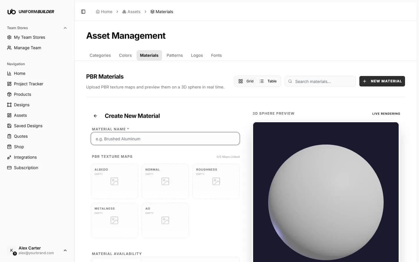 The Create New Material form with the five map slots and the 3D sphere preview