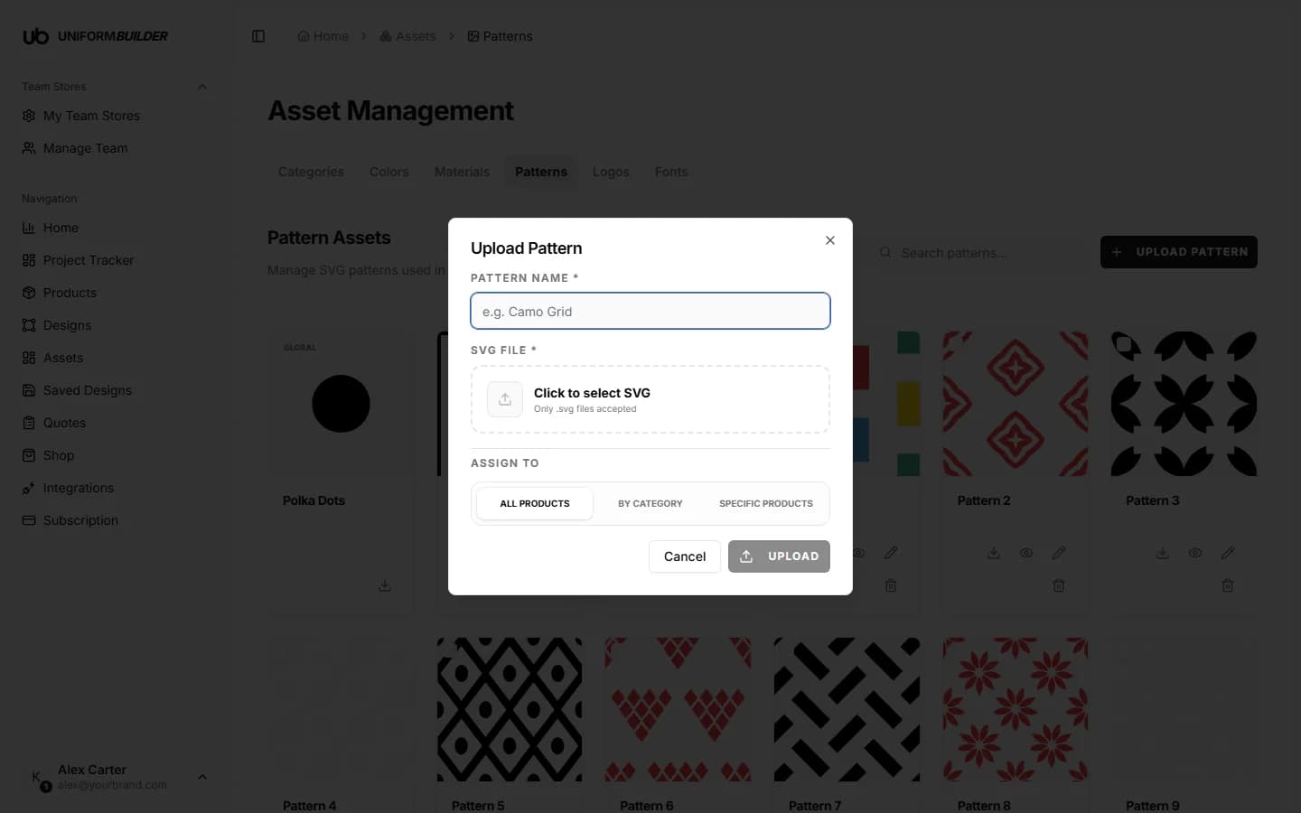 The Upload Pattern dialog with the name field, the SVG picker and the Assign to control