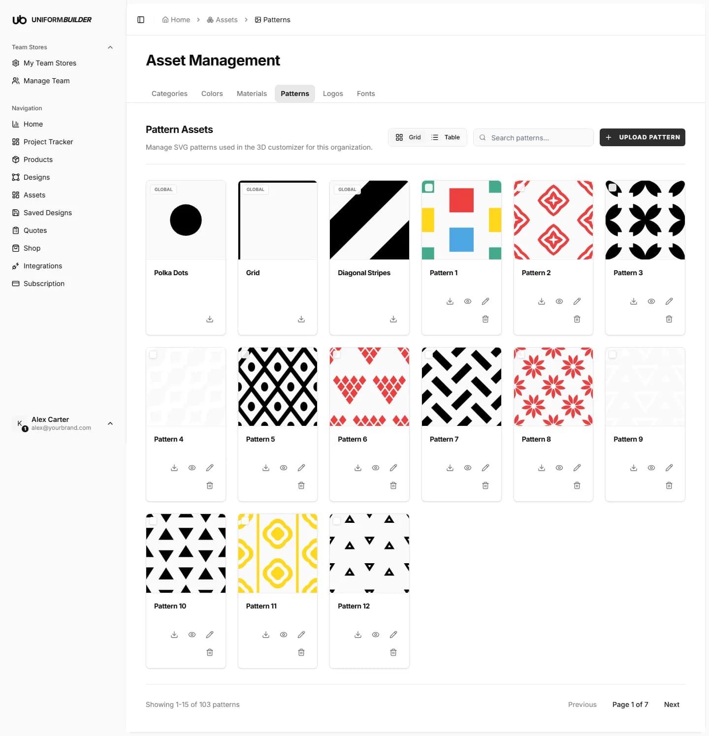 The Pattern Assets tab showing uploaded pattern tiles