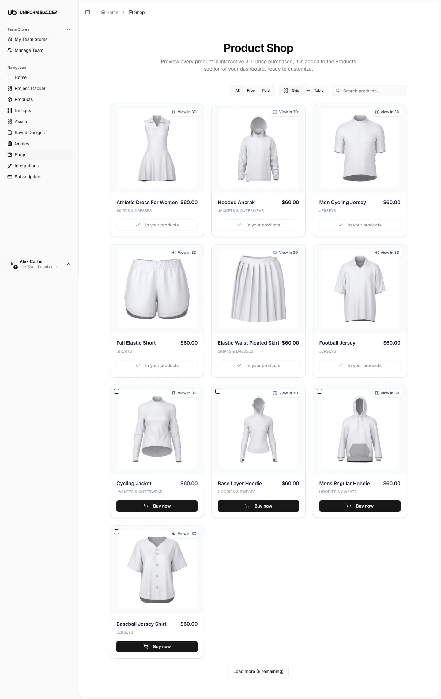 The Shop page showing garment model cards with prices and category labels