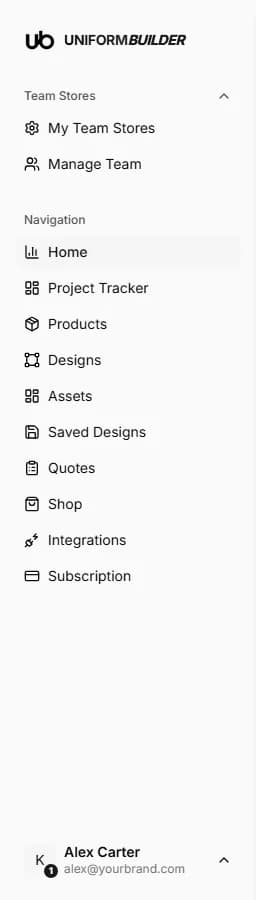 The dashboard sidebar showing the Team Stores and Navigation groups