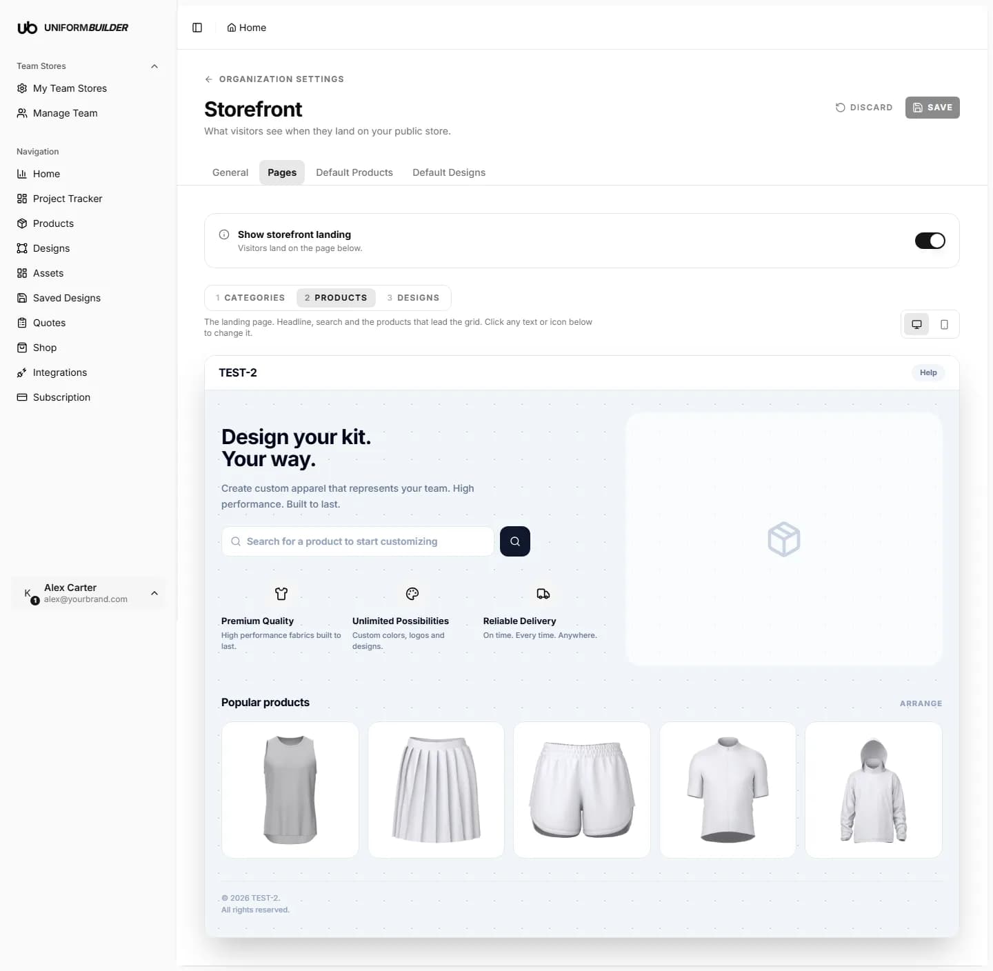 The storefront landing page editor