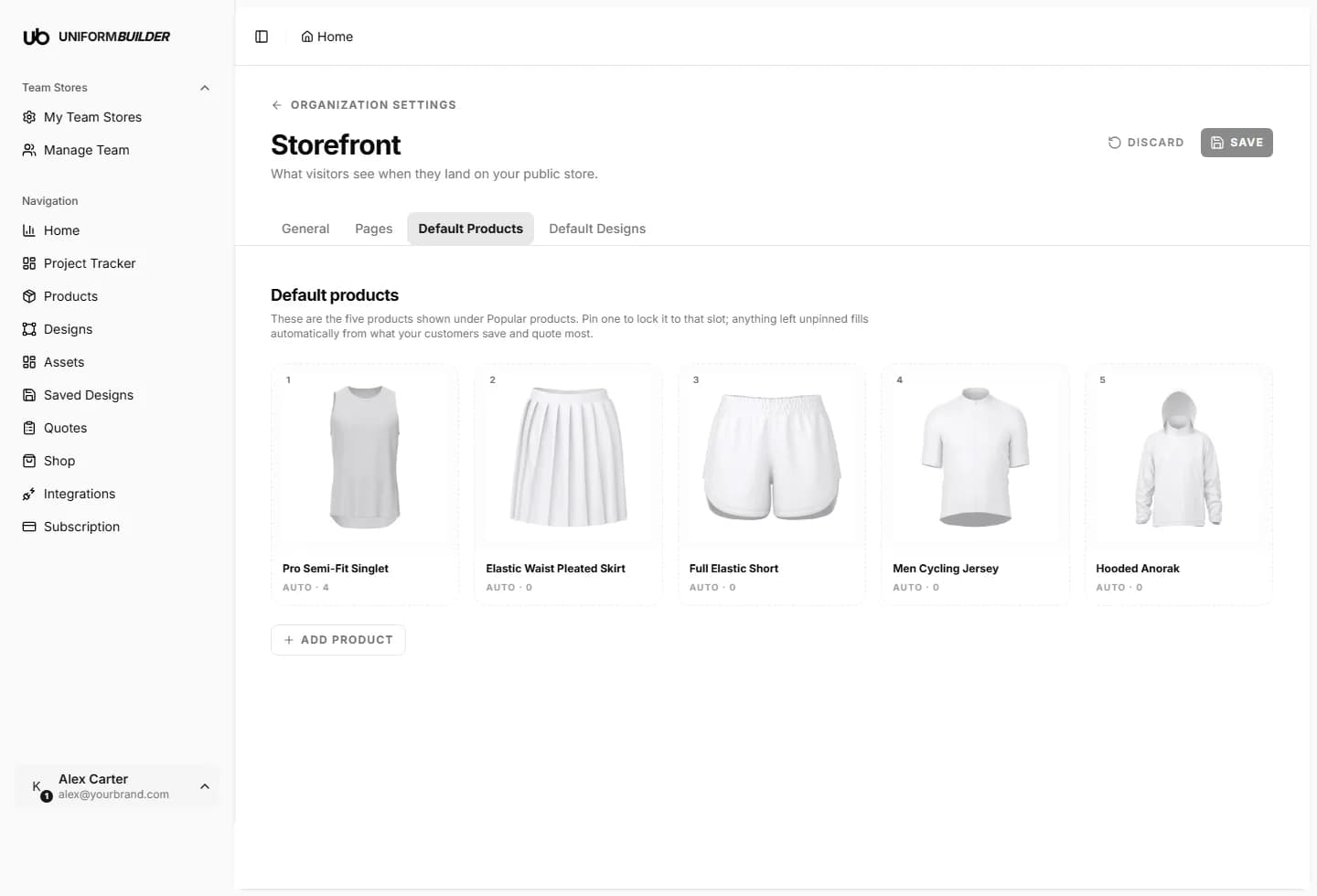 The storefront products ordering screen
