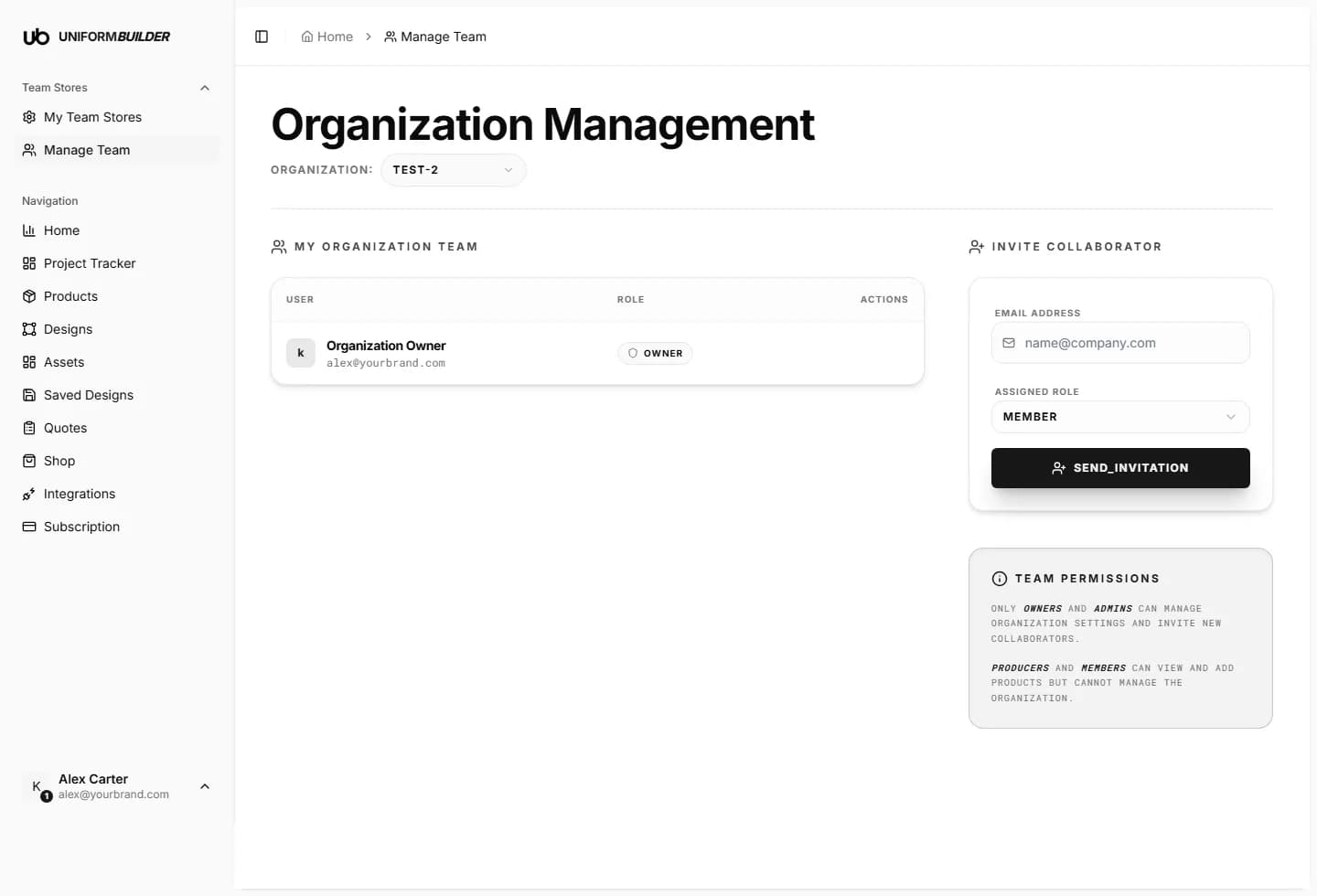 The team management page showing members, the invite form and the permissions note