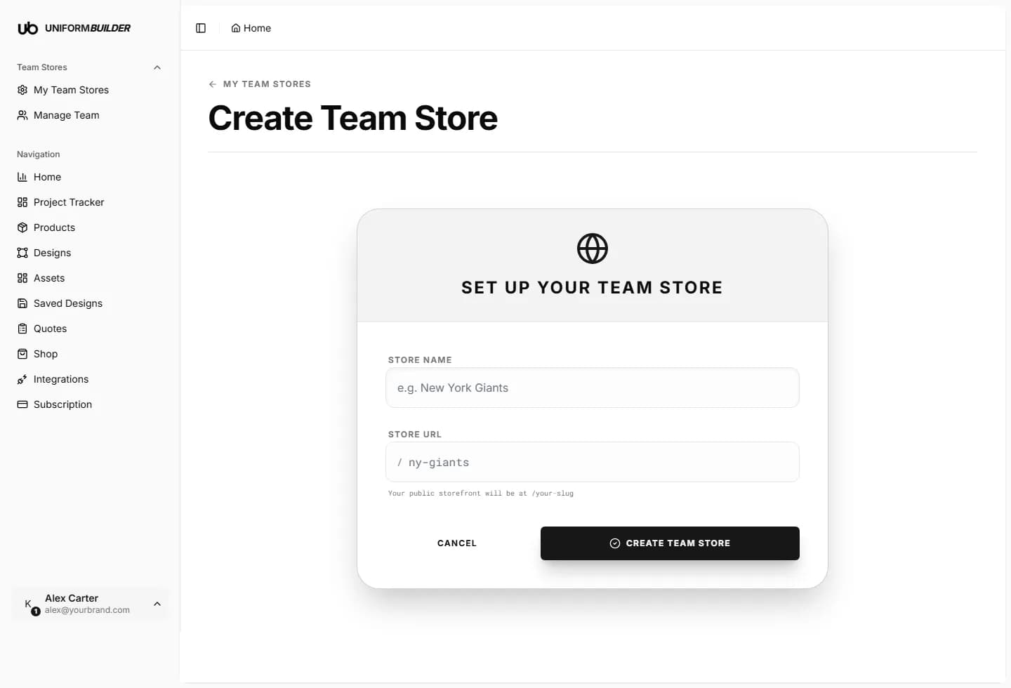 The Create Team Store form with store name and store URL fields