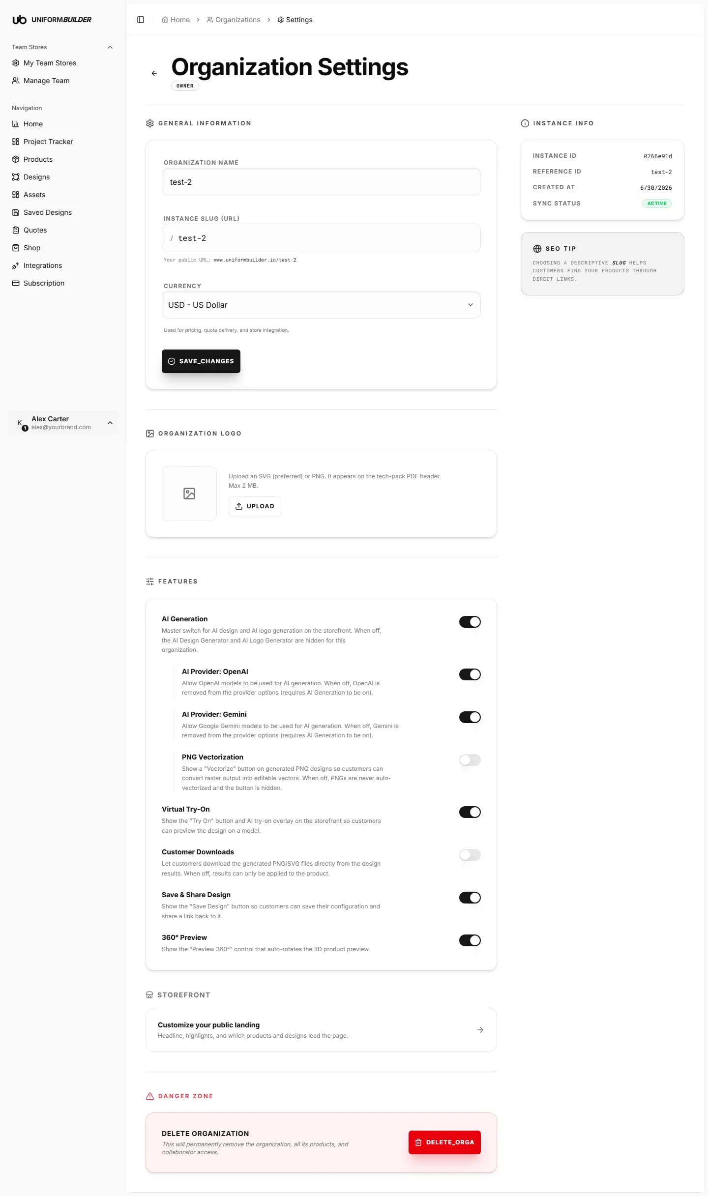 The organization settings page with general information, logo, features and danger zone
