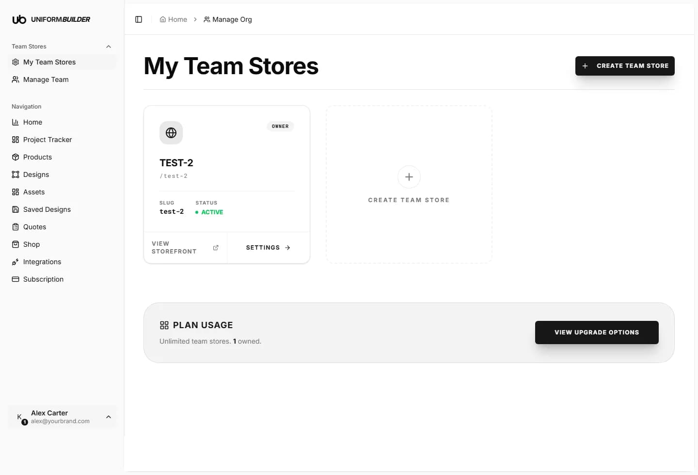 My Team Stores showing one store card with its slug and status