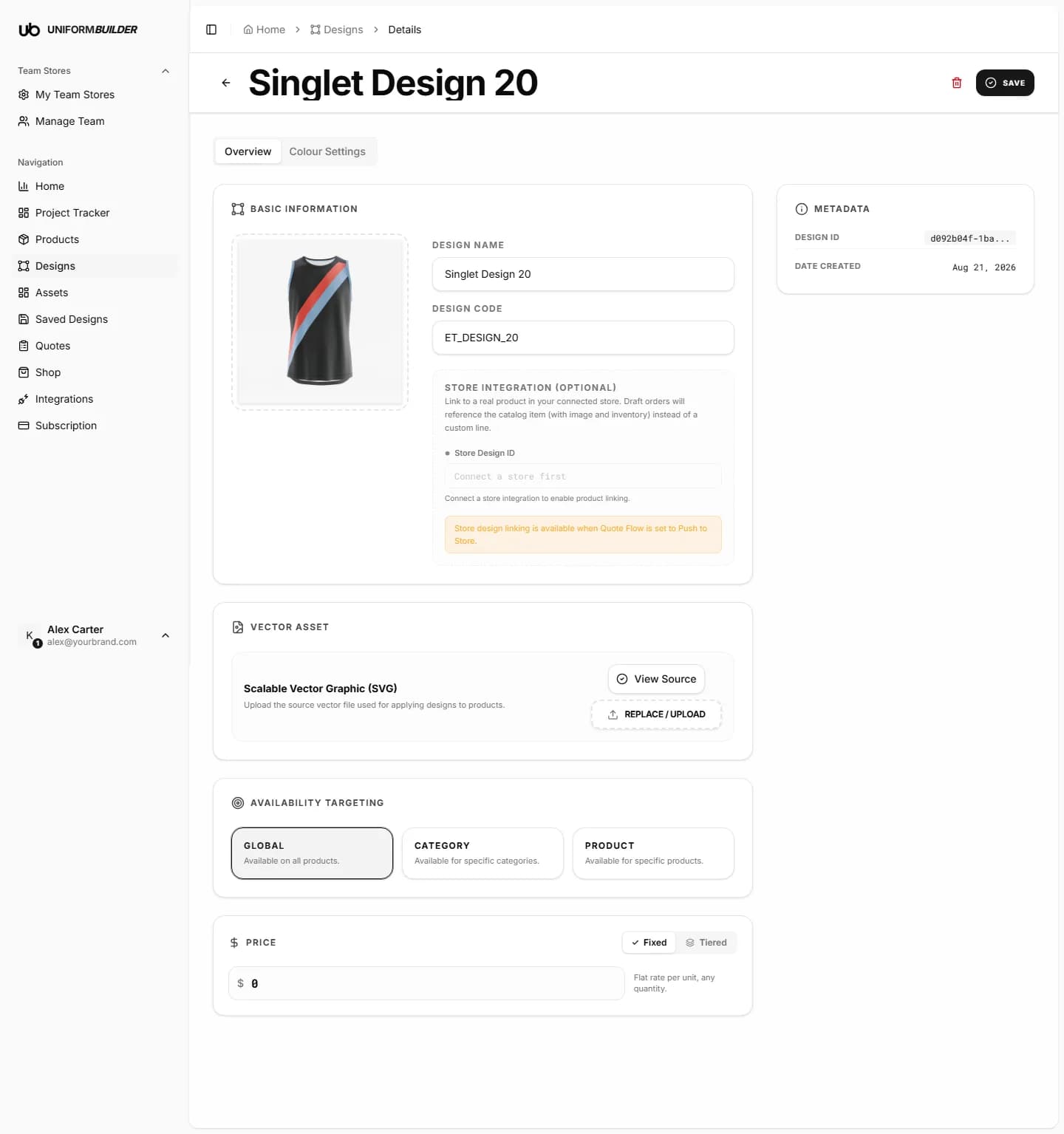 A design detail page showing targeting and colour rules