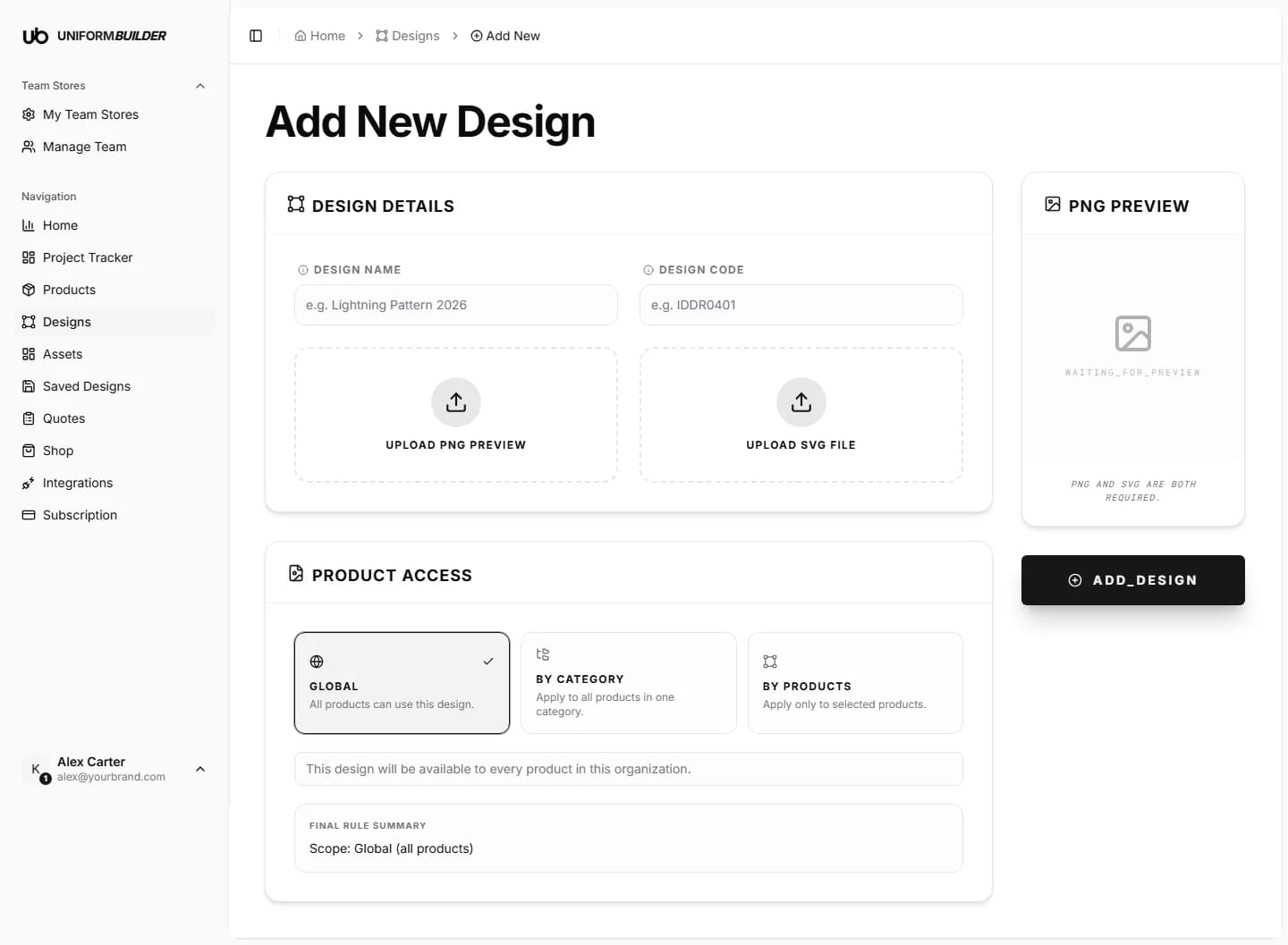 The Add New Design page with the details card, the two upload areas and the product access options