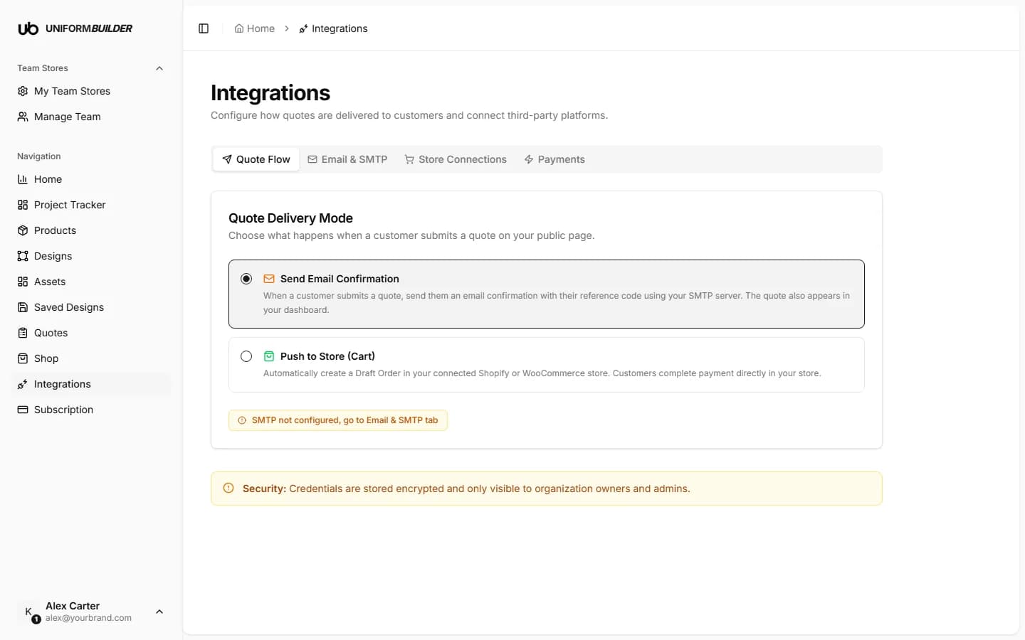 The integrations page on the Quote Flow tab showing the two delivery modes