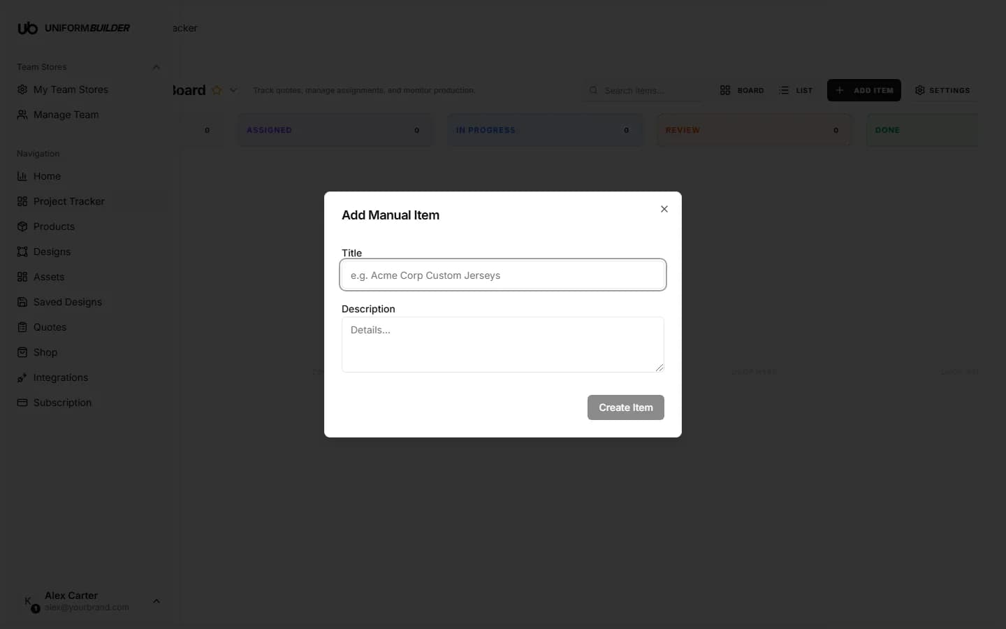 The add item dialog on the production board