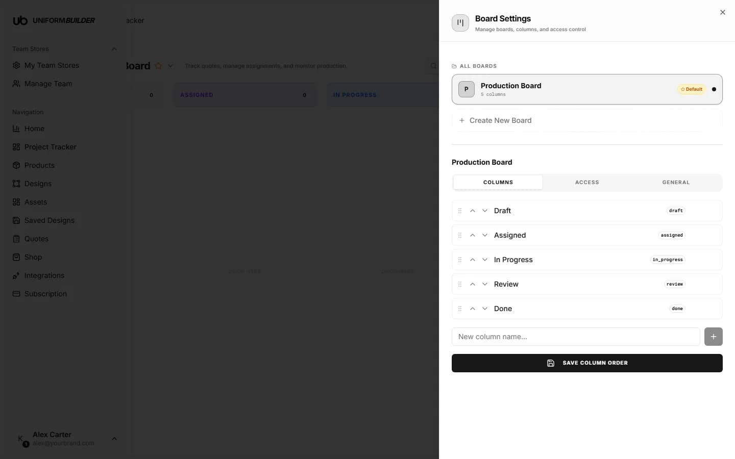The board settings panel