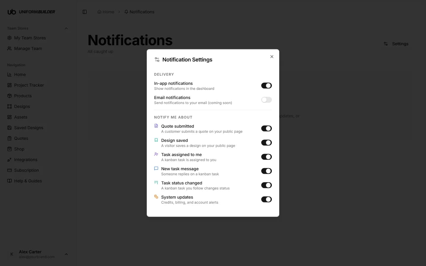 The notification settings panel
