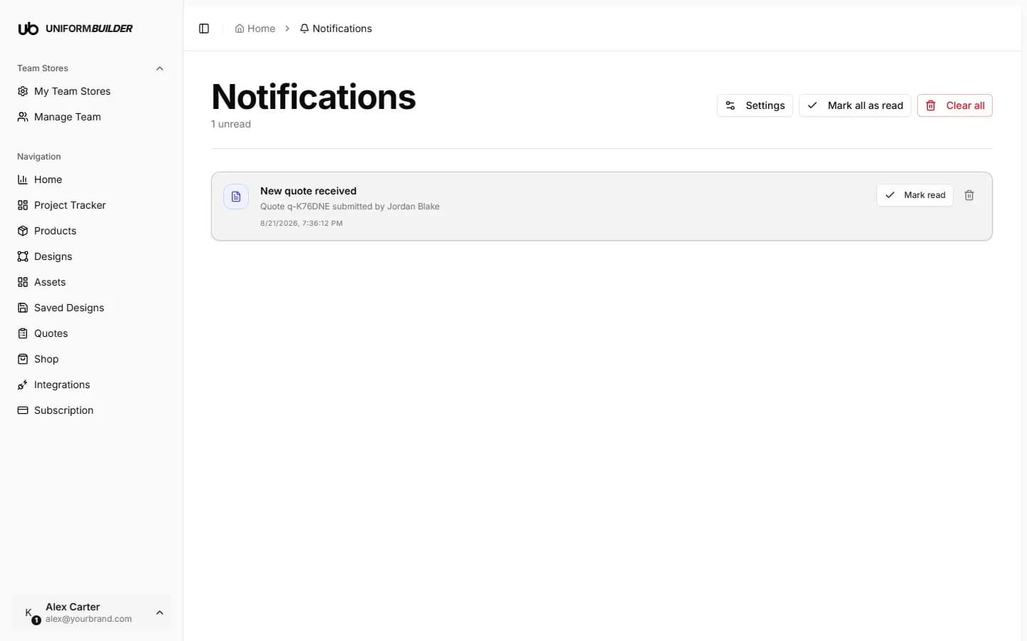 The notifications page with an empty state