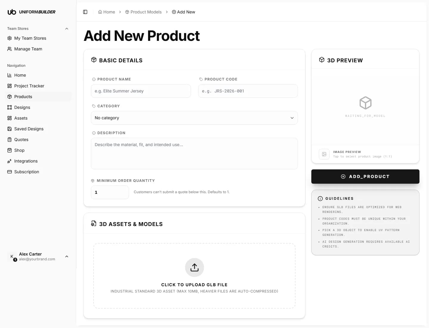 The Add New Product page with basic details, the GLB upload area and the 3D preview