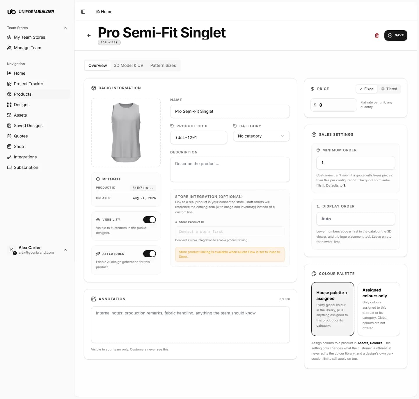 The product Overview tab with basic information, price, sales settings and colour palette