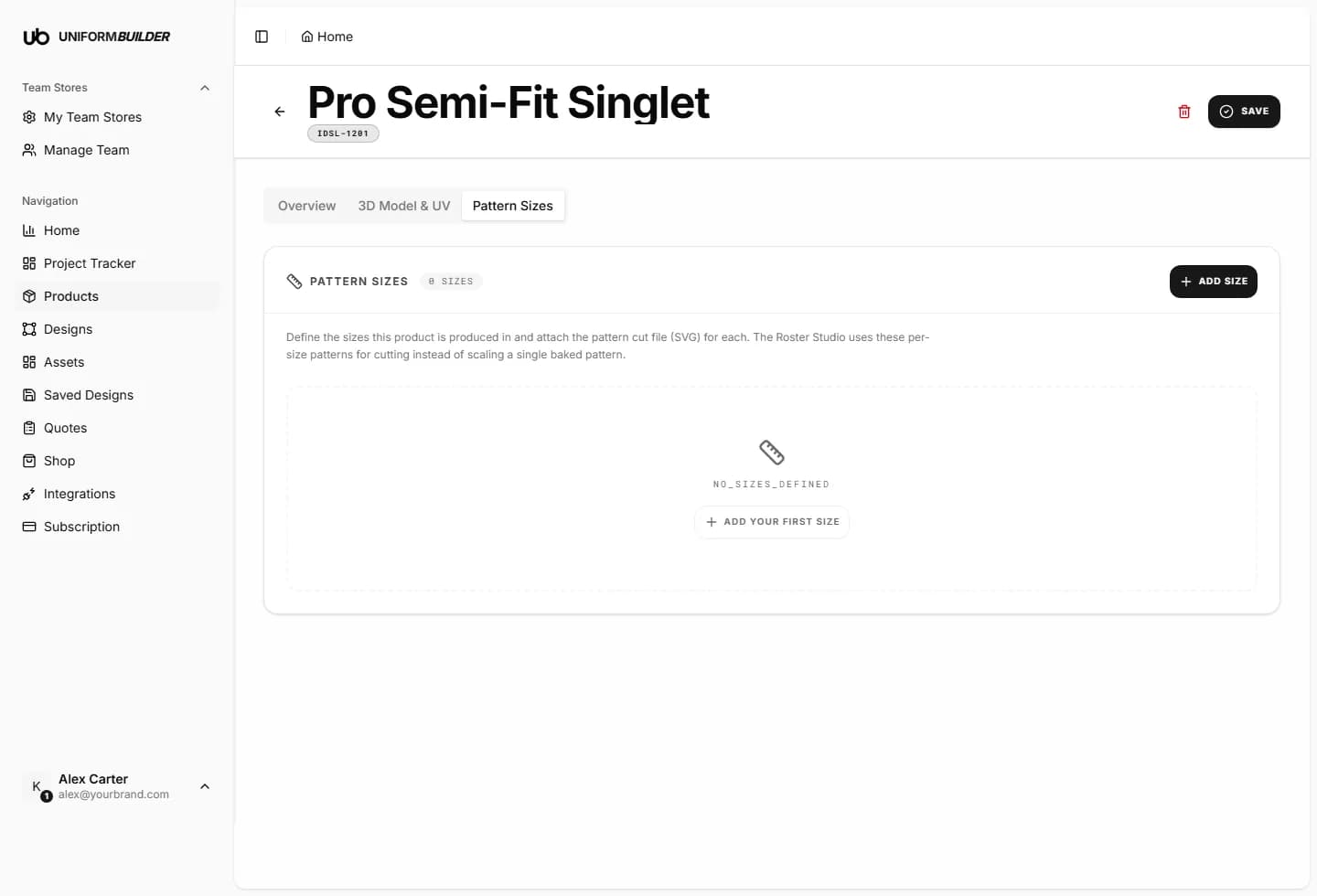 The Pattern Sizes tab of a product