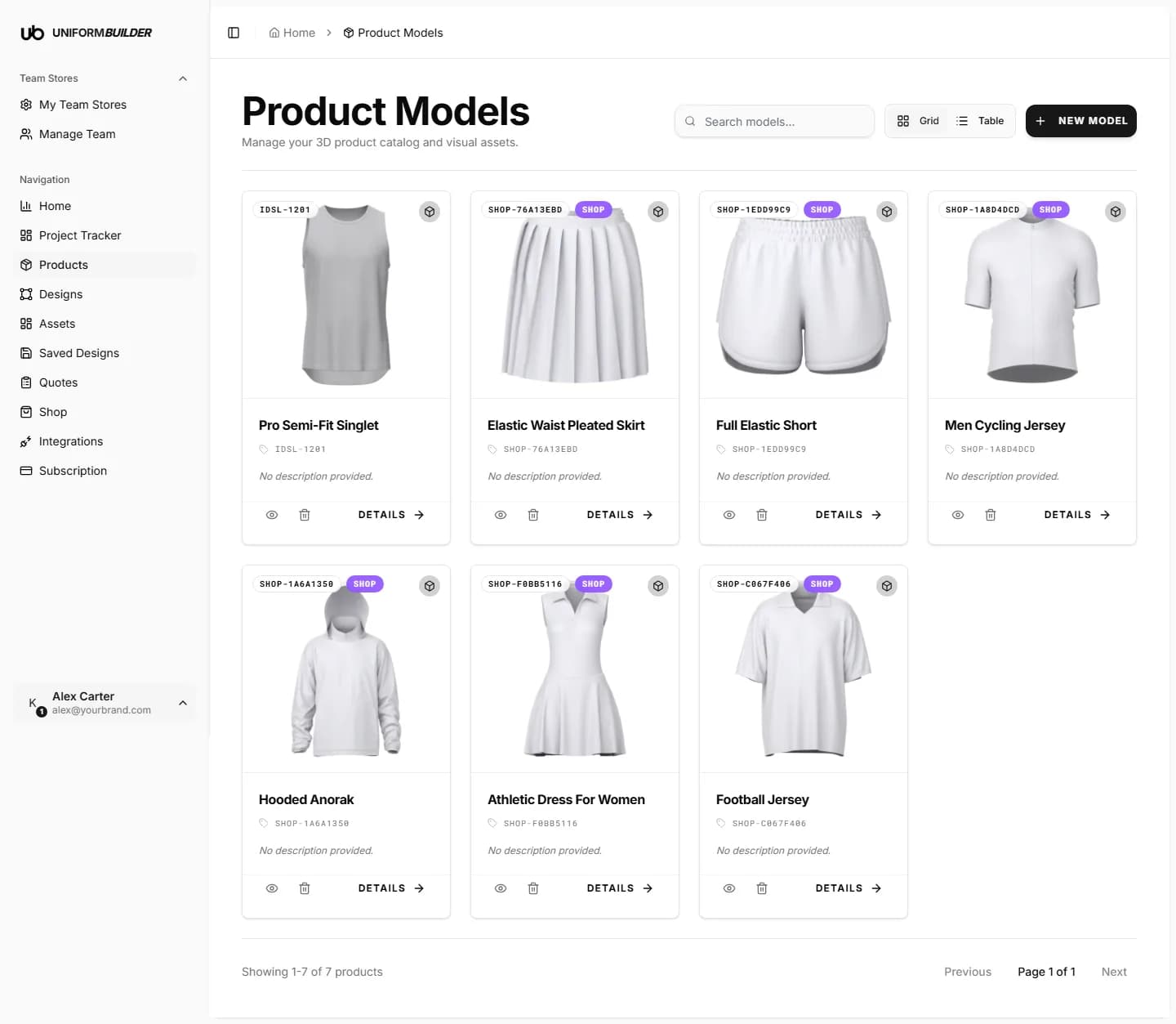The Product Models page in grid view showing product cards