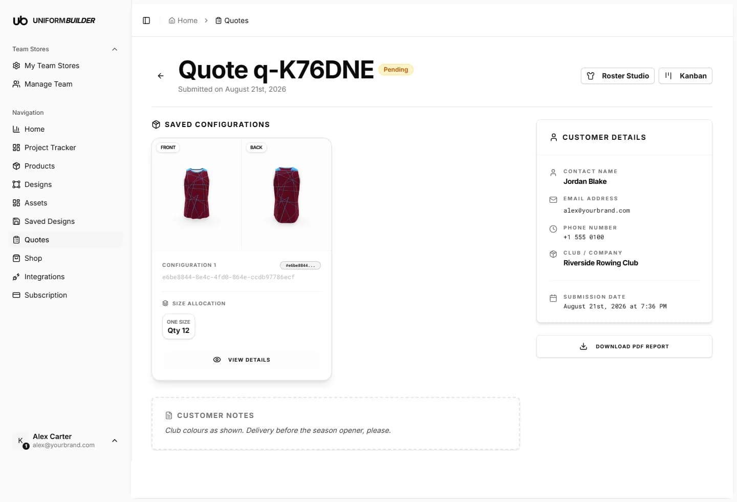 A quote detail page showing the saved configuration previews, size allocation and customer details